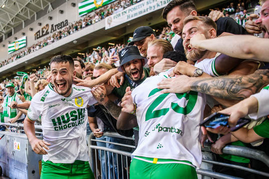 Astrit Selmani of Hammarby celebrates togehter with