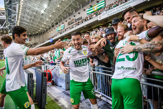 Astrit Selmani of Hammarby celebrates togehter with