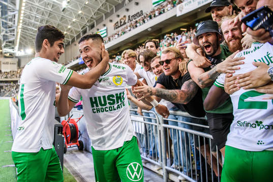 Astrit Selmani of Hammarby celebrates togehter with