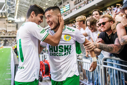 Astrit Selmani of Hammarby celebrates togehter with
