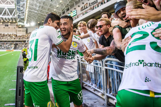 Astrit Selmani of Hammarby celebrates togehter with