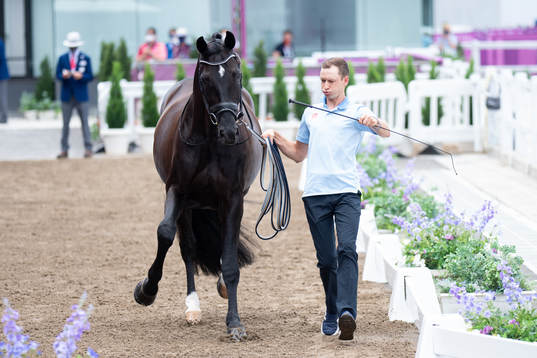 Horse keeper Sebastian Ulrich with the horse of Therese