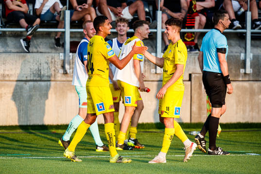 Halmstads Amir Al-Ammari och Emil Tot Wikström jublar