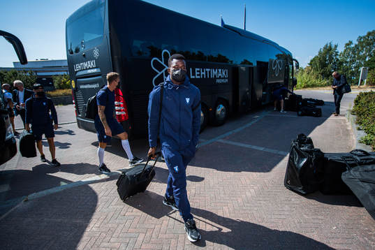 Malik Abubakari of Malmö FF arrives at the hotel