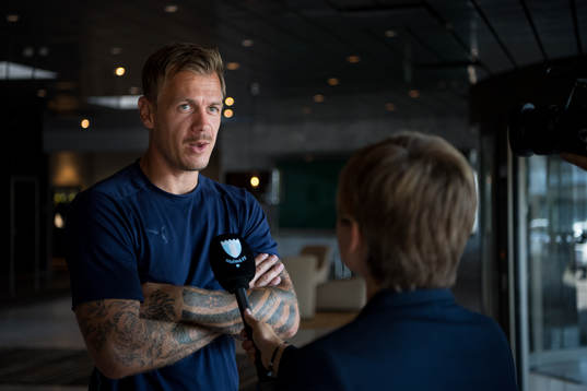 Goalkeeper Johan Dahlin of Malmö FF is being interviewed