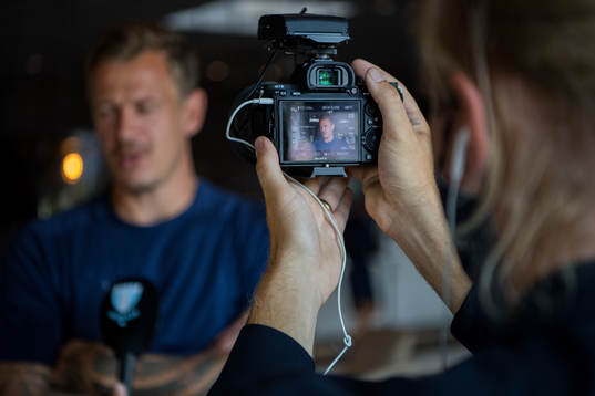 Goalkeeper Johan Dahlin of Malmö FF is being interviewed
