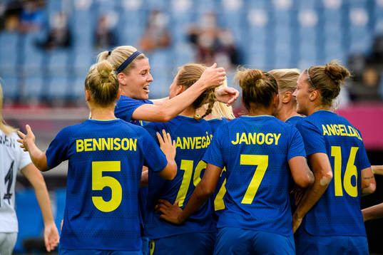 Olivia Schough and Anna Anvegård of Sweden celebrate the