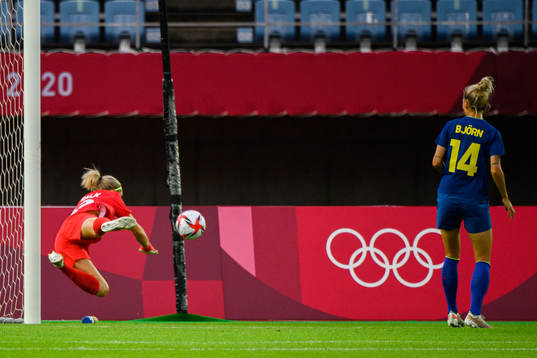 Goalkeeper Jennifer Falk of Sweden with a save in the