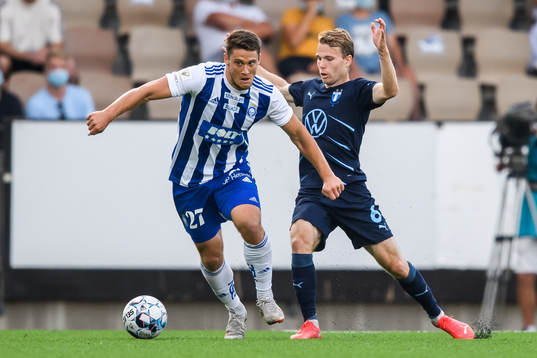 Filip Valencic of Helsinki and Oscar Lewicki of Malmö FF