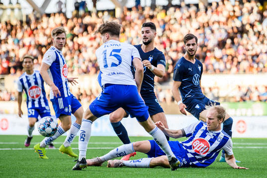 Antonio Colak of Malmö FF against Miro Tenho and Valtteri