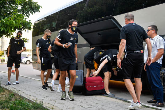 Frederik Holst of Elfsborg arrive at the stadium