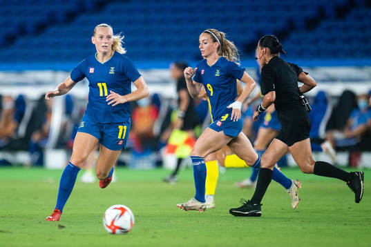 Stina Blackstenius and Kosovare Asllani of Sweden in the