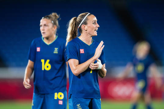 Filippa Angeldahl and Kosovare Asllani of Sweden  in the