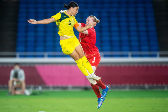 Sam Kerr of Australia and Hedvig Lindahl of Sweden  in the