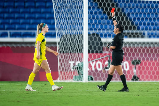 Ellie Carpenter of Australia gets a red card in the