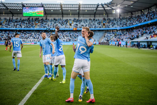 Sören Rieks and Veljko Birmancevic of Malmö FF celebrate