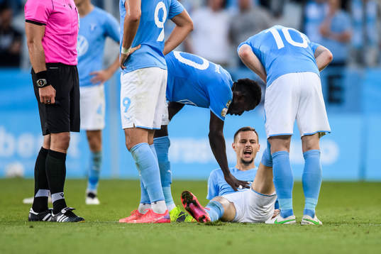 Veljko Birmancevic of Malmö FF is in pain