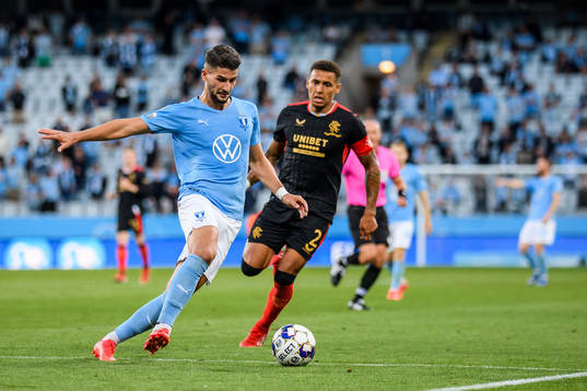 Antonio Colak of Malmö FF and James Tavernier of Rangers
