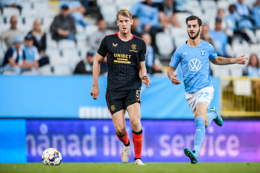 Filip Helander of Rangers and Adi Nalic of Malmö FF