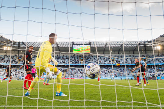 Sören Rieks of Malmö FF scores the 1-0 goal against