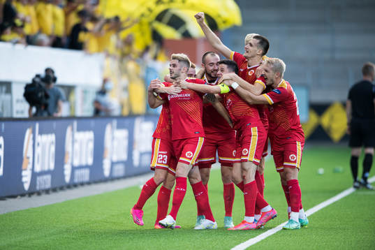 Slaviša Radović of Velez Mostar celebrate with teammates