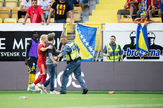 Supporter of Velez Mostar enter the field