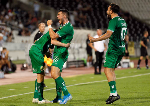 Gustav Ludwigson of Hammarby celebrates scoring a goal with