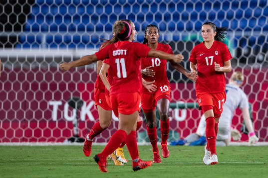 Jessie Fleming of Canada celebrates 1-1 in the women’s
