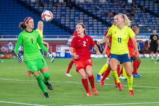 Goalkeeper Stephanie Labbe and Allysha Chapman of Canada