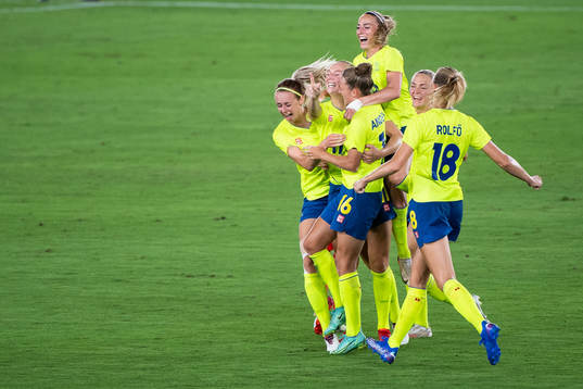 Players of Sweden celebrates 1-0  by Stina Blackstenius  in