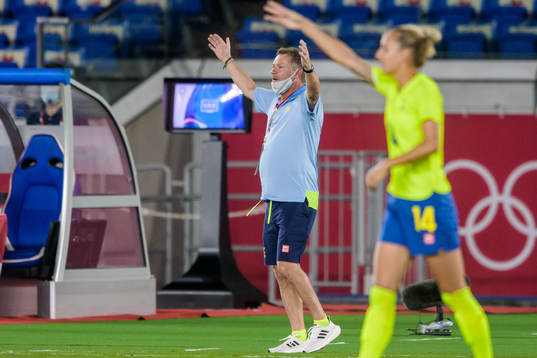 Peter Gerhardsson, head coach of Sweden, reacts in the