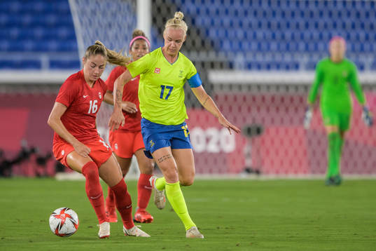 Janine Beckie of Canada and Caroline Seger of Sweden in the