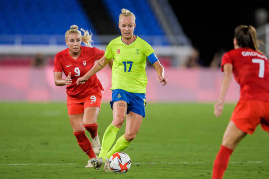 Adriana Leon of Canada and Caroline Seger of Sweden in the