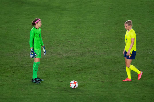 Goalkeeper Stephanie Labbe of Canada and Jonna Andersson of