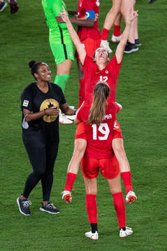 Christine Sinclair and Jordyn Huitema of Canada celebrates