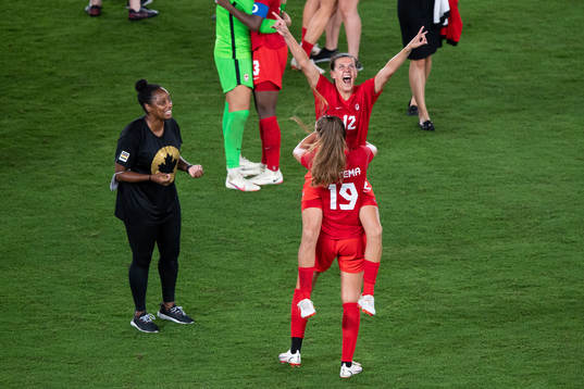 Christine Sinclair and Jordyn Huitema of Canada celebrates