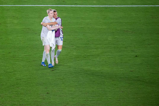 Goalkeeper Hedvig Lindahl and Jennifer Falk  of Sweden
