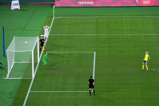 Caroline Seger of Sweden misses her penalty in the