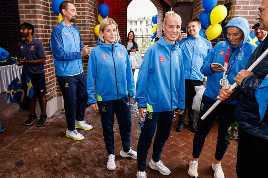 Olivia Schough and Caroline Seger of Sweden at a press meet