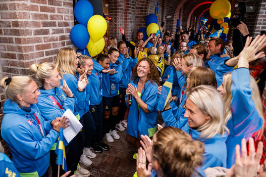 Players of the Swedish football team celebrate at a press