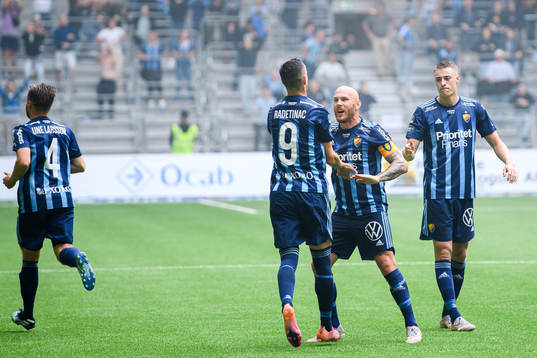 Djurgårdens Haris Radetinac och Magnus Eriksson jublar