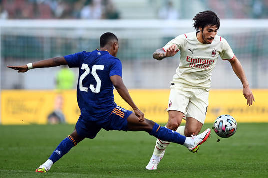 Sandro Tonali of Milan Rodrygo Silva of Real Madrid