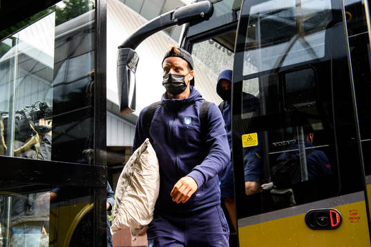 Eric Larsson of Malmö FF arrivals at their hotel