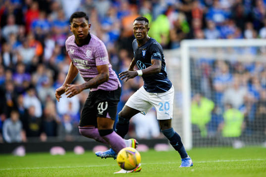 Alfredo Morelos of Rangers and Bonke Innocent of Malmö FF