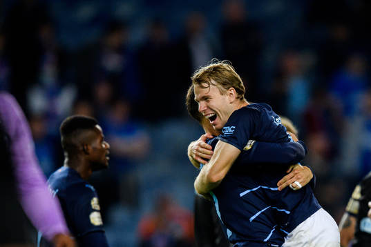 Oscar Lewicki and Veljko Birmancevic of Malmö FF celebrate