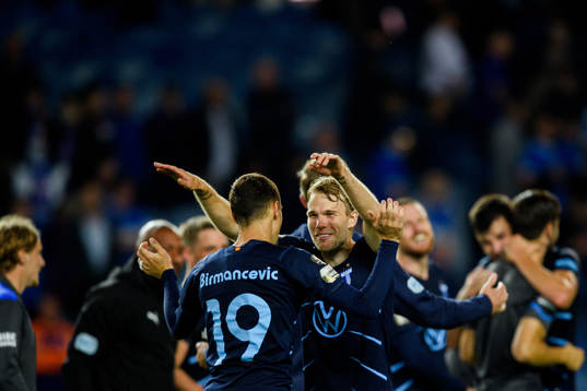 Oscar Lewicki and Veljko Birmancevic of Malmö FF celebrate