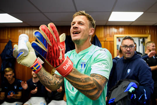 Goalkeeper Johan Dahlin of Malmö FF celebrates