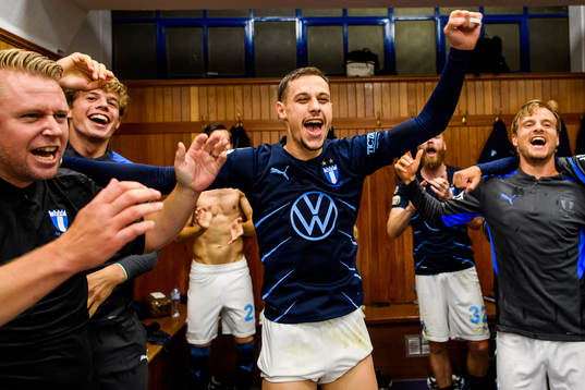 Veljko Birmancevic of Malmö FF celebrates in the locker
