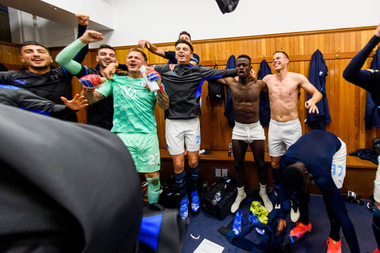 Players of Malmö FF celebrates in the locker room
