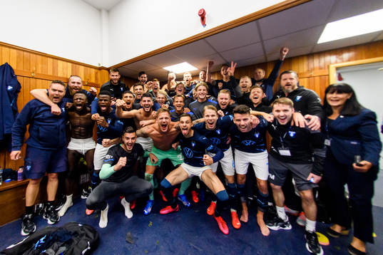 Players of Malmö FF celebrates in the locker room
